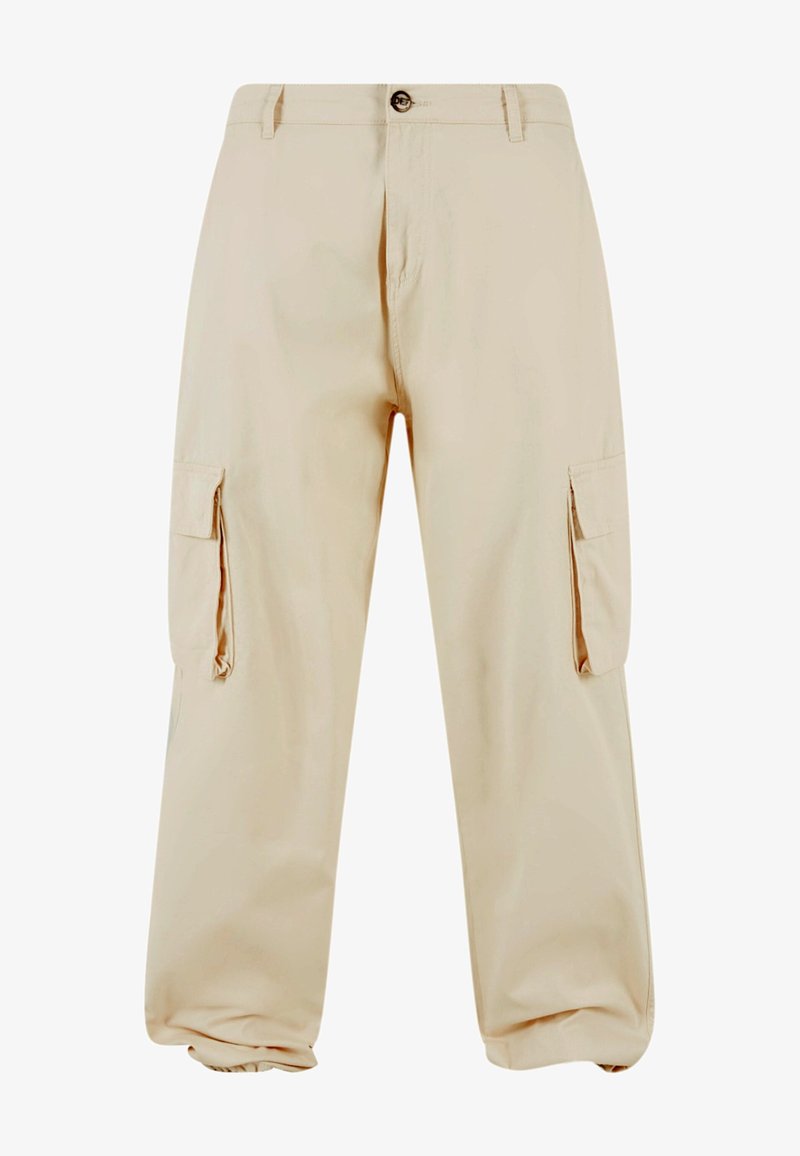 Beige cargo pants with a straight leg design. Features include two side pockets, a button closure, and a smooth fabric texture.