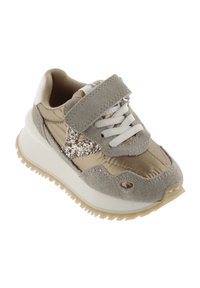 Scarpa sportiva beige in materiali scamosciati e nylon, con un dettaglio a stella glitterato, fascia in Velcro e suola in gomma testurizzata.