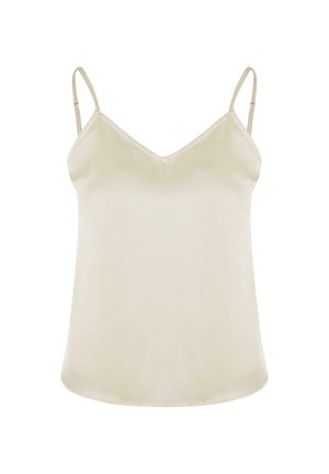 Light beige camisole with a V-neckline, adjustable straps, and a smooth, soft texture. Simple design with no patterns or embellishments.