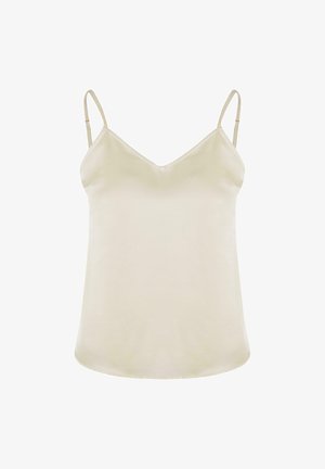 Camisola color beige chiaro con scollatura a V, spalline regolabili e una texture liscia e morbida. Design semplice senza motivi o decorazioni.