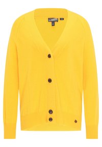 Žlutý cardigan vyrobený z měkké pleteniny, s výstřihem do V, pěti tmavými knoflíky vpředu, žebrovanými manžetami a lemem.