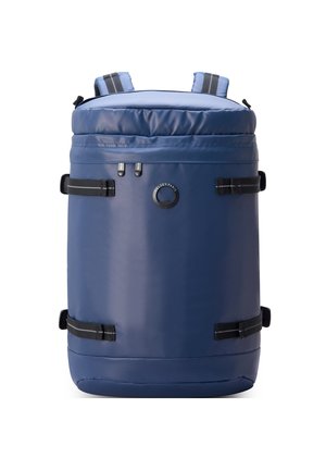 Navy blue cylindrical backpack with waterproof material, adjustable straps, zipper closures, and a circular logo on the front.