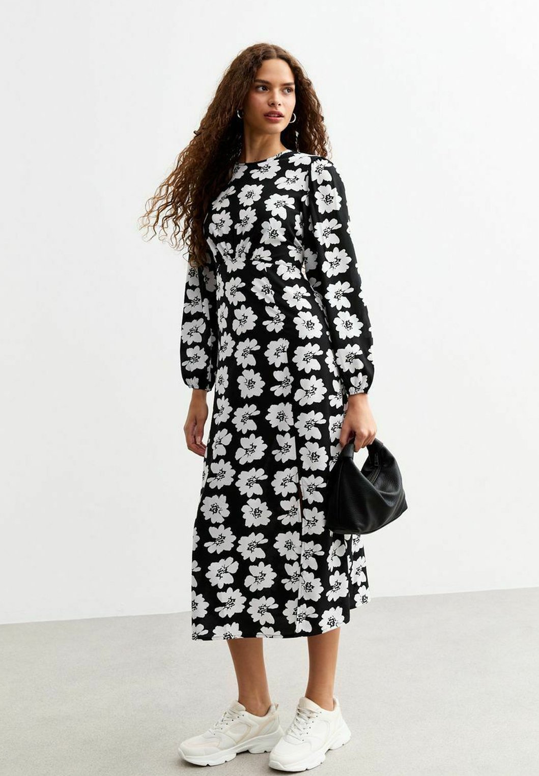 New Look FLORAL LONG SLEEVE MIDI Jurk black pattern/zwart