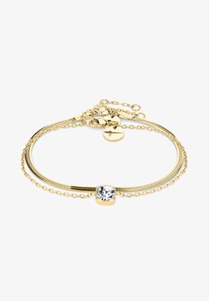 Armbanduhr in Goldfarbe mit einem klaren Zirkonstein, mehrschichtiger Kettenstruktur, Schlangenketten-Design und einem sicheren Verschluss mit verstellbarer Länge.