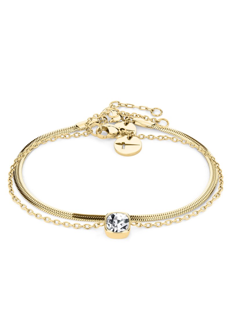 Bracciale in tonalità oro con una pietra in zirconia cubica trasparente, design a catena stratificata e catena a serpente, dotato di chiusura sicura e lunghezza regolabile.