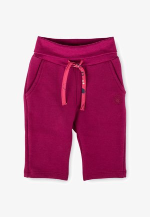 Fuchsia shorts made of soft fabric, featuring a wide waistband, side pockets, and a drawstring with a colorful pattern.