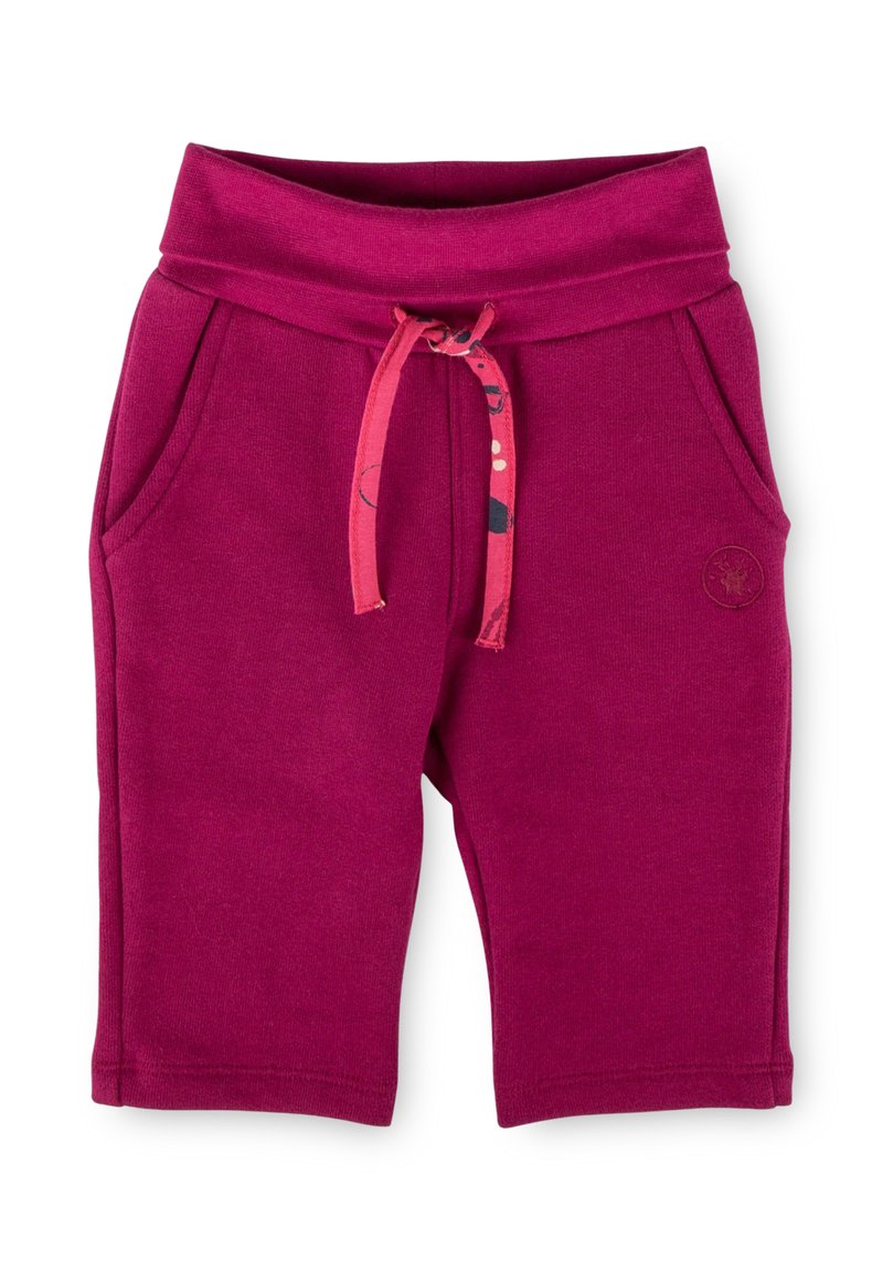 Fuchsia Shorts aus weichem Stoff, mit einem breiten Bund, Seitentaschen und einem Kordelzug mit einem bunten Muster.