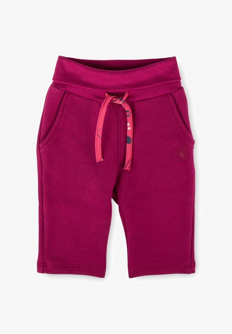Fuchsia Shorts aus weichem Stoff, mit einem breiten Bund, Seitentaschen und einem Kordelzug mit einem bunten Muster.