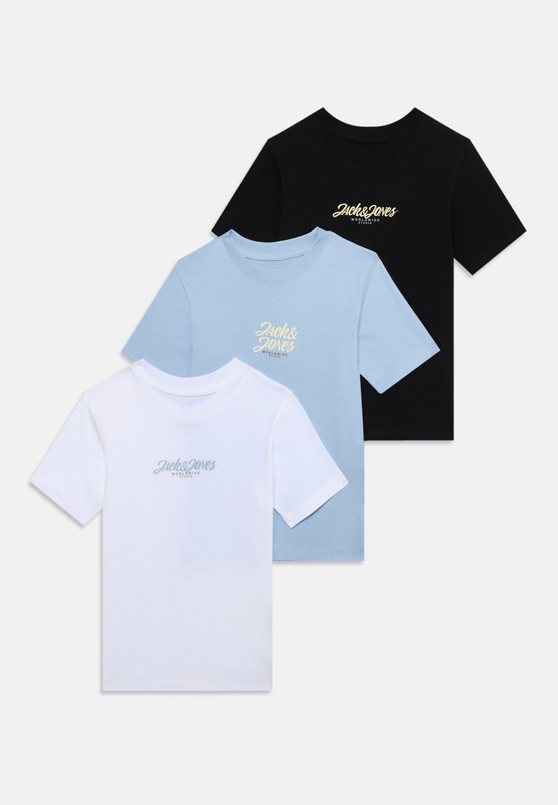 Three short-sleeve T-shirts stacked: black, light blue, and white. Each features a logo in gold, made of smooth cotton fabric.