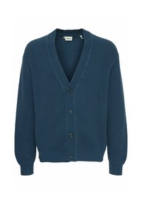 Marinblå ribbestrikket cardigan med v-hals, fem knappelukkinger og lange ermer. Laget av strukturert strikket stoff.