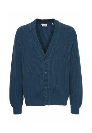 Navy blue ribbed cardigan with a v-neck, five button closures, and long sleeves. Made from textured knit fabric.