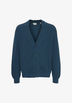 Mørkeblå ribbet cardigan med v-hals, fem knaplukninger og lange ærmer. Fremstillet af struktureret strikstof.