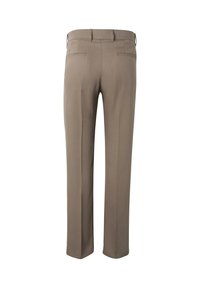Pantalon habillé beige avec passants de ceinture, poches passepoilées à l'arrière et coupe droite, vu de dos sur fond blanc.