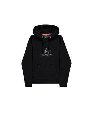 Black hoodie with a front pocket, drawstring hood, and a graphic logo at the center. Made from a soft material with ribbed cuffs and hem.