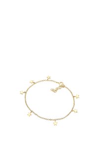 Bracciale in catena d'oro con piccoli charm a stella, caratterizzato da un design delicato e chiusura a moschettone. Texture liscia, leggero, lunghezza regolabile.