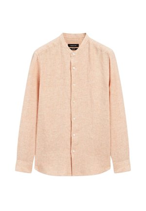 Koszula w paski z długim rękawem w jasnopomarańczowym i białym kolorze, z kołnierzem bez klapek, zapięciem na guziki z przodu oraz teksturowaną tkaniną o miękkim wykończeniu.