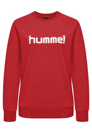Rød sweatshirt lavet af blødt stof med rund hals, ribbede manchetter og bund, med et stort hvidt "hummel" logo på forsiden.
