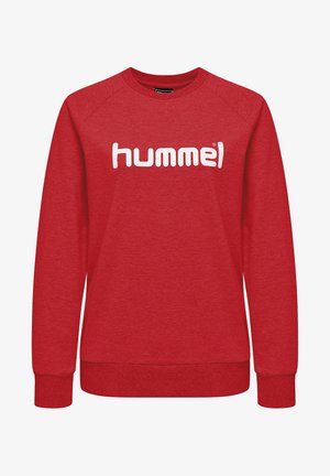 Rød sweatshirt lavet af blødt stof med rund hals, ribbede manchetter og bund, med et stort hvidt "hummel" logo på forsiden.