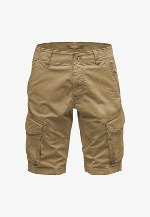 Khaki cargo shorts made of lightweight fabric, featuring multiple side pockets, a button closure, and a straight cut with stitched accents.