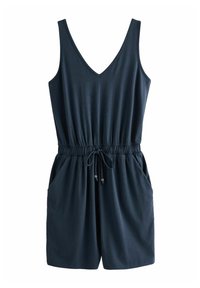 Combinaison sans manches bleu marine foncé avec un col en V, une taille élastique, un cordon de serrage ajustable et deux poches latérales. Tissu doux avec une texture lisse.