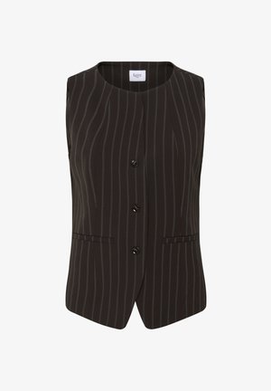 Gilet nero con motivo a righe sottili, scollatura rotonda, chiusura frontale con bottoni e due tasche laterali. Realizzato in un tessuto strutturato.