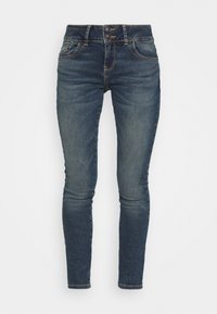 Schmale Jeans aus dunkelblauem Denim, mit Knopfverschluss, fünf Taschen und dezenten Stickdetails. Glatte Textur und maßgeschneiderte Passform.