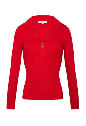 Pull rouge à manches longues en maille côtelée avec un petit col et une courte fermeture éclair au niveau de l'encolure, agrémentée d'une tirette en forme de fleur.