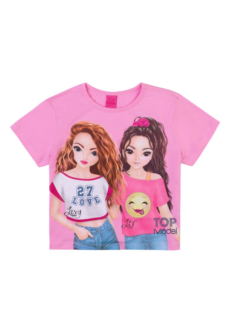 Rosa T-Shirt mit kurzen Ärmeln, das zwei Cartoon-Mädchen zeigt. Eines trägt ein kurzes, weißes Oberteil mit "27 Love" und das andere ein pinkes Shirt mit einem Smiley.