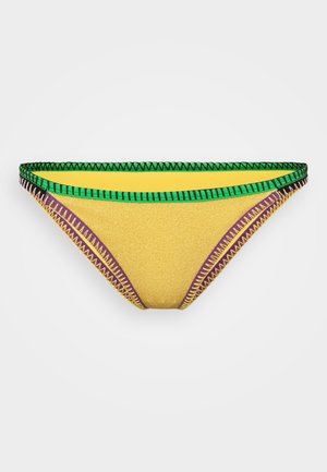 Geel bikini onderstuk met groene accenten, voorzien van paarse en zigzagpatronen; textiel met een lichte glans, ontworpen voor comfort.