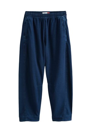 Navy blue elastic waist jogger pants with side pockets and relaxed fit, made from soft, comfortable fabric.