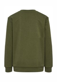 Enkel olivgrön sweatshirt med lång ärm, ribbade muddar och fåll, visad bakifrån på vit bakgrund.