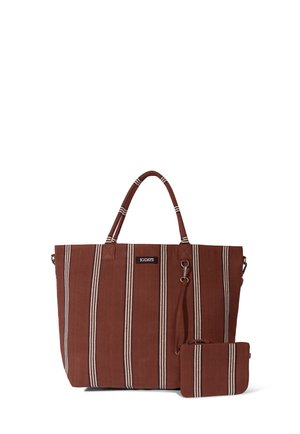 Brązowa tkaninowa torba na ramię z białymi pionowymi paskami, podwójnymi uchwytami oraz dopasowanym małym etui przymocowanym paskiem.