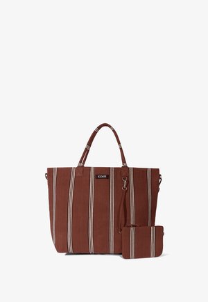 Brązowa tkaninowa torba na ramię z białymi pionowymi paskami, podwójnymi uchwytami oraz dopasowanym małym etui przymocowanym paskiem.