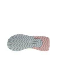 Sports shoe sole with a zigzag tread pattern, light gray and pink color segments, textured surface, and branding detail in the center.