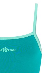 Tirkizni top s tankim bretelama i tekstom "COOL" pored grafike hibiskusovog cvijeta na području prsa.