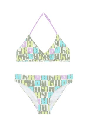 Tweedelige bikini met pastelgroene, blauwe, gele en paarse blokletterpatroon, voorzien van een verstelbare lavendelriem aan de bovenkant.