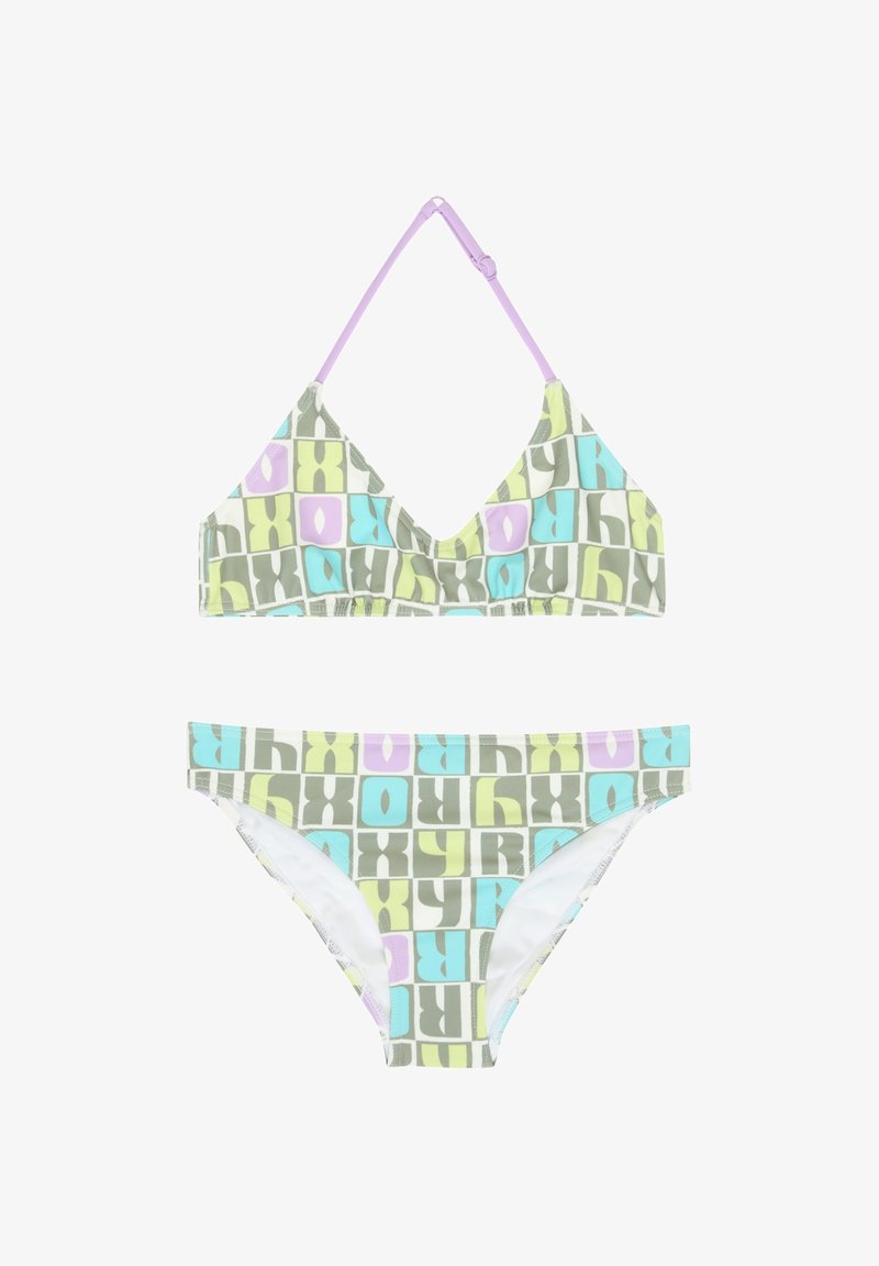 Zweiteiliger Bikini mit pastellgrünem, blauem, gelbem und lila Blockbuchstabenmuster, mit einem verstellbaren lavendelfarbenen Träger am Oberteil.