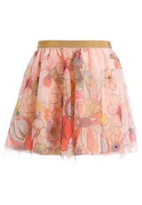 Blomstret tylskørt, lyserødt med flerfarvede blomstermønstre, kantet med en gylden talje, der har subtile glimmer og en fyldig silhuet.