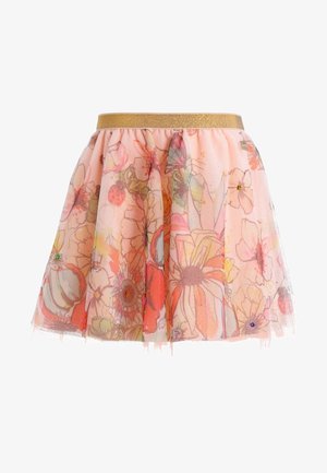 Tiulowa spódnica w kwiaty, jasnoróżowa z wielokolorowymi wzorami kwiatów, wykończona złotą talią, z delikatnymi błyskami i puszystą sylwetką.