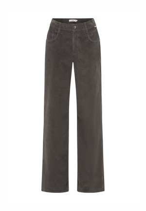 Pantalons gris à jambes larges en tissu doux et texturé, avec une fermeture à bouton sur le devant et des poches latérales. Design simple sans motifs.