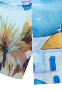 Sleeve fabric printed with watercolor-style Mediterranean landscape, featuring trees on left and white building with yellow dome and cross on right.