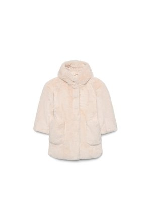 Cappotto beige chiaro con cappuccio in pelliccia sintetica, tasche frontali e maniche lunghe, progettato per un utilizzo caldo in inverno.
