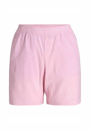 Jasnoróżowe szorty z elastyczną talią. Wykonane z miękkiego materiału, charakteryzują się luźnym krojem i prostymi nogawkami.