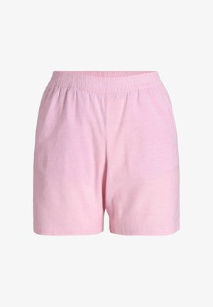 Šviesiai rožiniai šortai su elastine juosta. Pagaminti iš minkštos medžiagos, jie turi laisvą siluetą ir tiesaus kirpimo kojų dizainą.