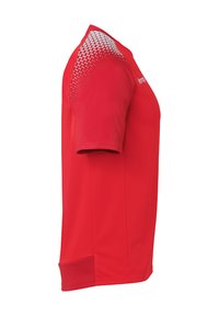 Rood atletiekshirt met korte mouwen, een ronde halslijn en een textuurpatroon op de schouder. Gemaakt van ademende stof.