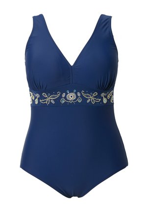 Costume intero blu navy con scollo a V e banda ricamata a fiori sotto il seno.