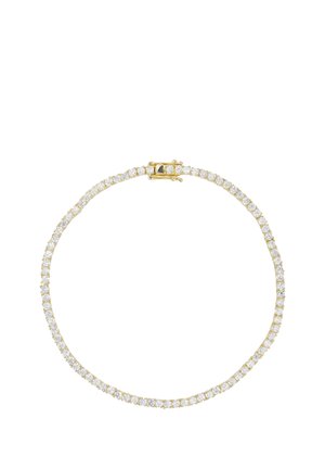 Goldenes Tennisarmband mit einer durchgehenden Reihe runder weißer Diamanten und einem sicheren Kastenschloss auf weißem Hintergrund.