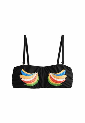 Schwarzes Crop-Top mit dünnen Trägern, vorne mit farbenfrohen, bestickten Regenbogen-Bananenbündeln.