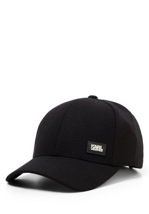 Gorra de béisbol negra con visera curva y pequeño parche de logo rectangular con la inscripción Karl Lagerfeld en el panel frontal.