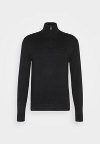 Schwarzer gestrickter Pullover mit Viertelreißverschluss, langen Ärmeln, Stehkragen und gerippten Bündchen. Glatte Textur mit minimalistischem Design.